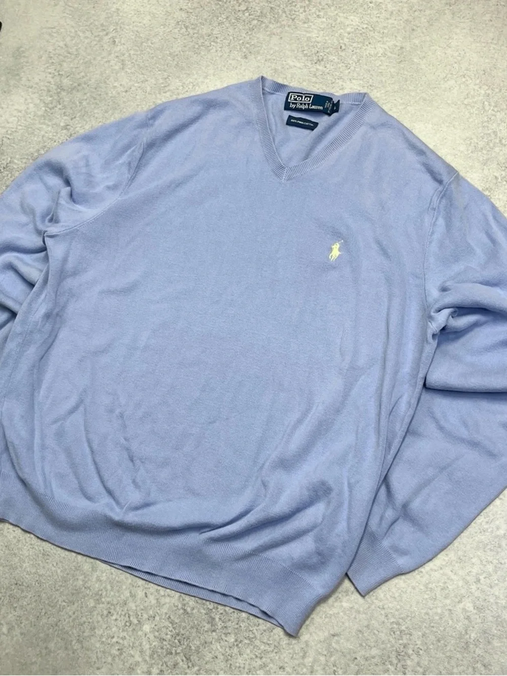 Vintage Polo Ralph Lauren Light Blue Yellow Pony Pima Cotton V-neck Knit Sweater
